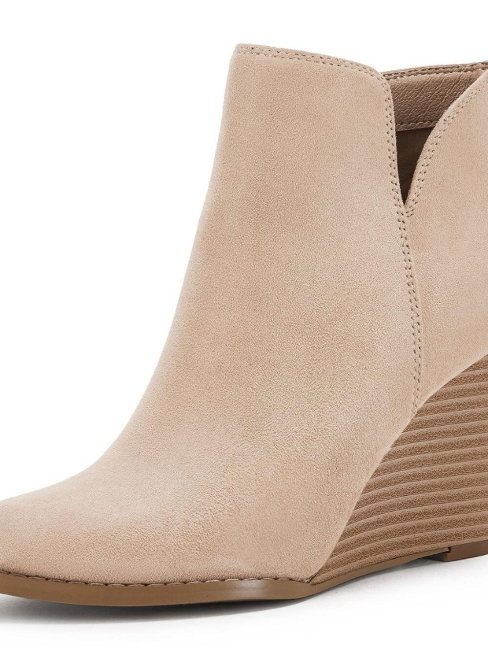 Womens V Cut Wedge Ankle Booties Zip-up Closed Toe Stacked Heel Faux Suede